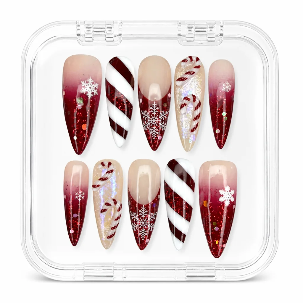 Press-on Nails Wholesale $14.90 Festive Candy Cane Glam by Yabe Vietnam