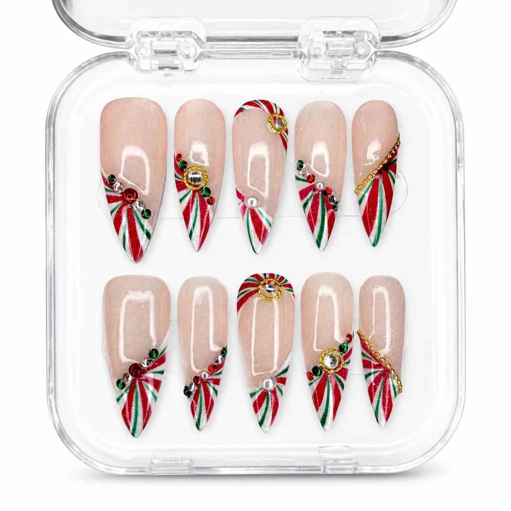 Press-on Nails Wholesale $14.90 Festive Candy Cane Tips by Yabe Vietnam